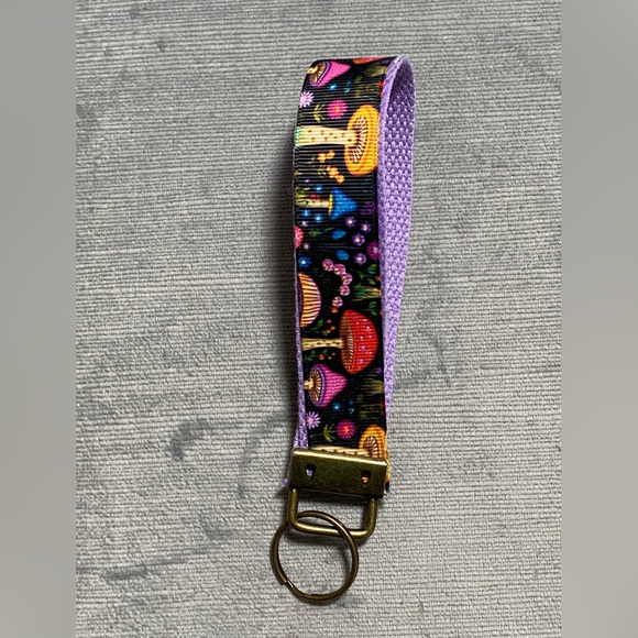 New handcrafted by me, neon mushroom rainbow wristlet with metal keychain, 6” - Picture 6 of 7